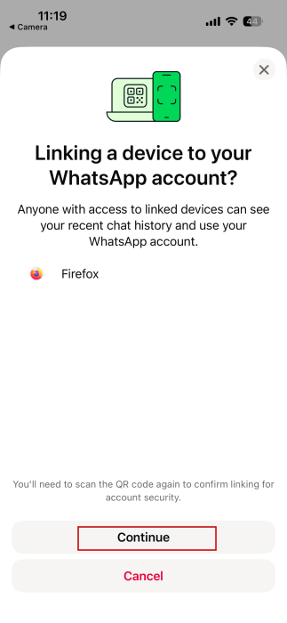 Tapping "Continue" in WhatsApp on iPhone to link account to PC. 