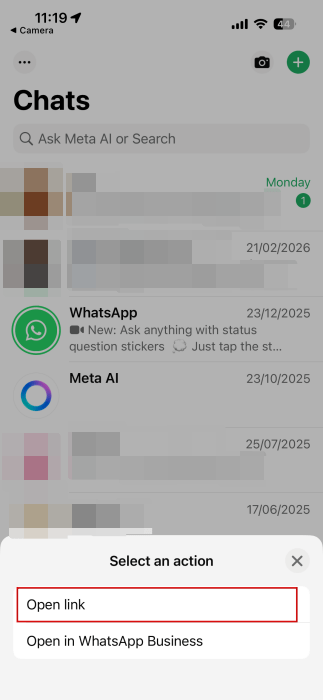 Selecting "Open link" option after scanning QR code from browser on PC in WhatsApp on iPhone. 