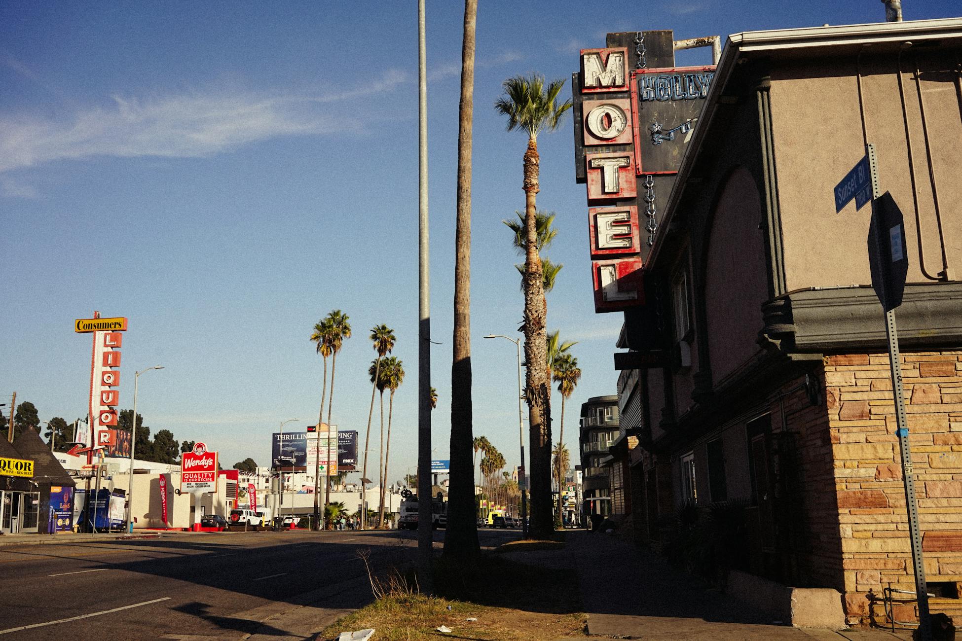 Vintage Hollywood street view with palm trees and retro motel sign.