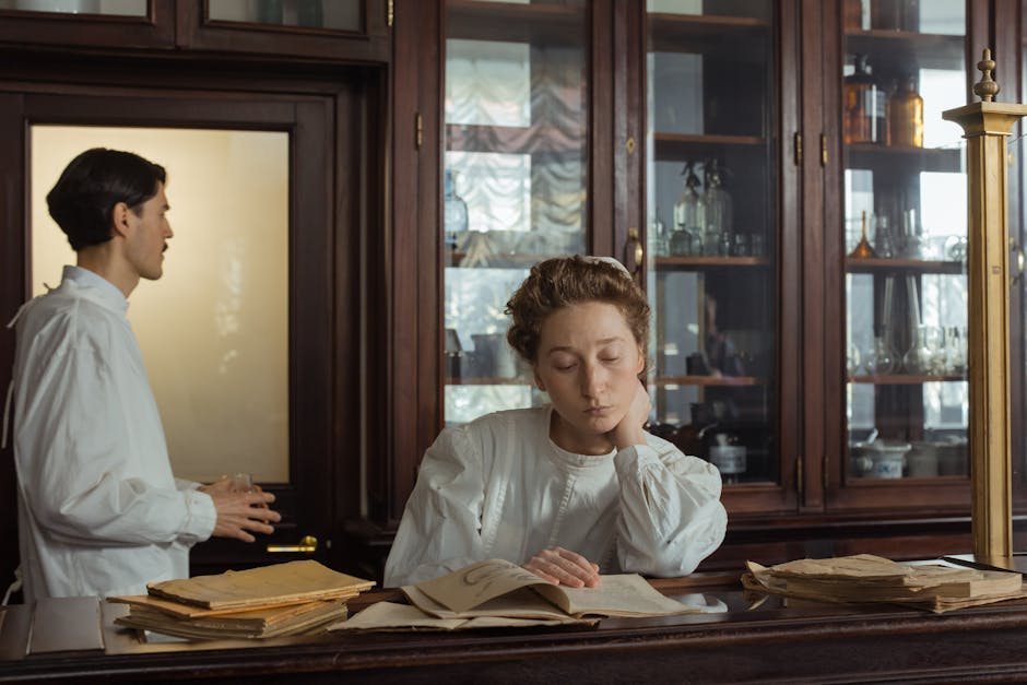 A contemplative scene with two scientists in a vintage laboratory setting.