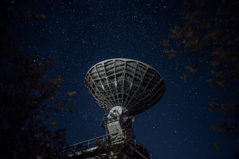 From below of blue starry sky over radio telescope and trees with leaves