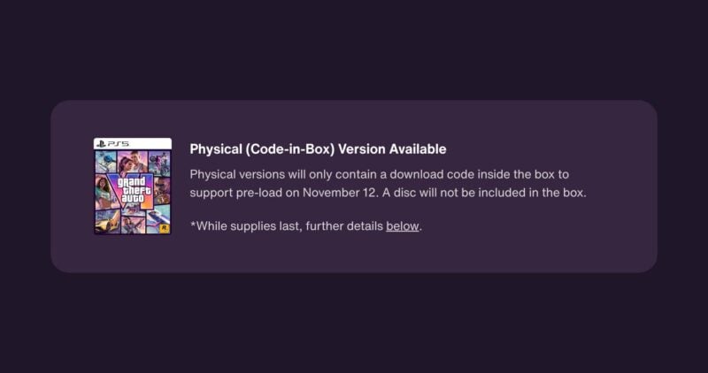 Rockstar Store notice reading: Physical versions will only contain a download code inside the box to support pre-load on November 12. A disc will not be included in the box.